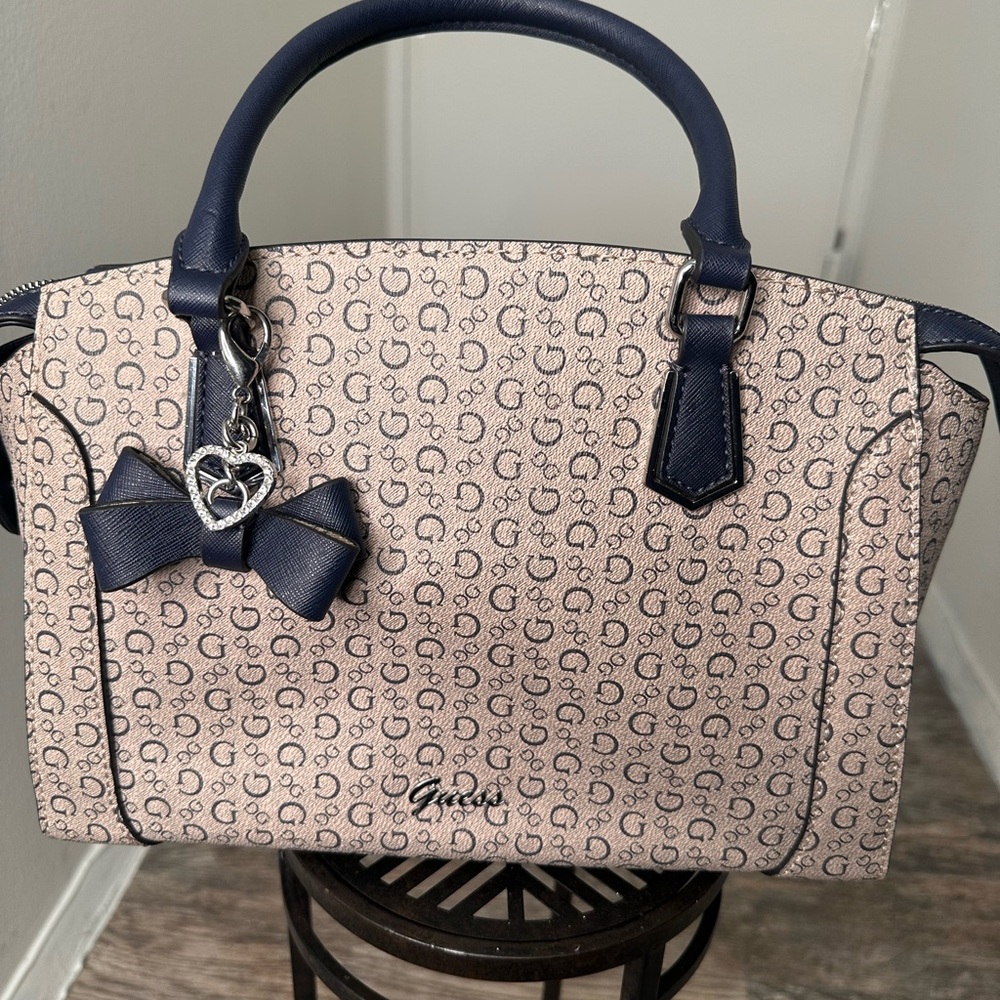 Guess Blue and Cream Satchel with Bow Accent